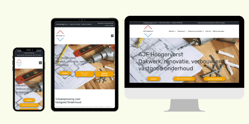 Weergave van de website op een desktop, mobiel en tablet