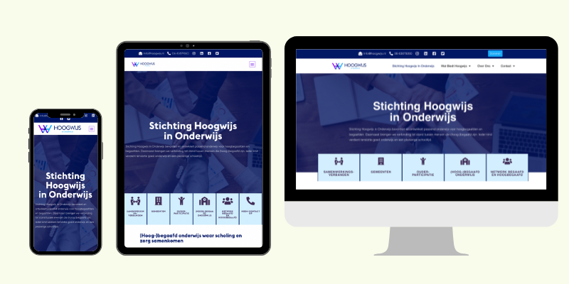 Weergave van de website op een desktop, mobiel en tablet