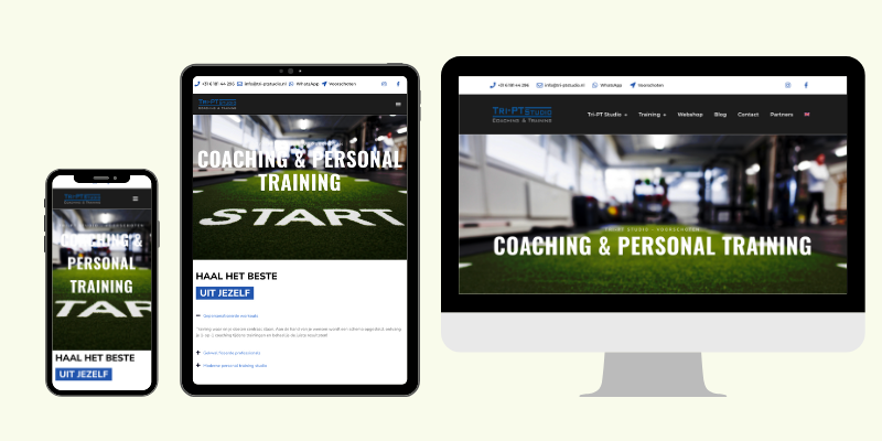 Weergave van de website op een desktop, mobiel en tablet