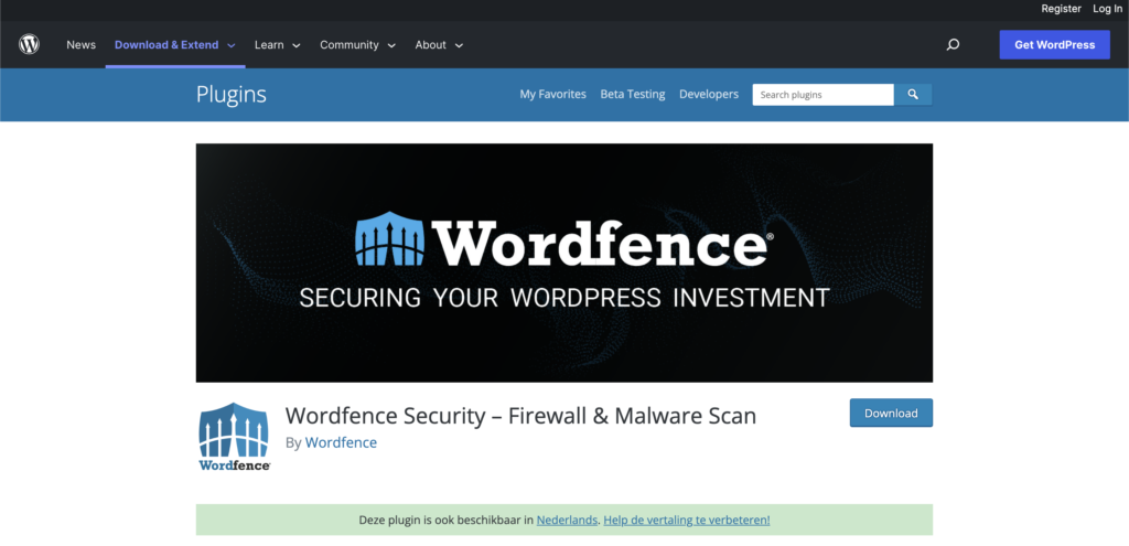 Screenshot van Wordfence plugin