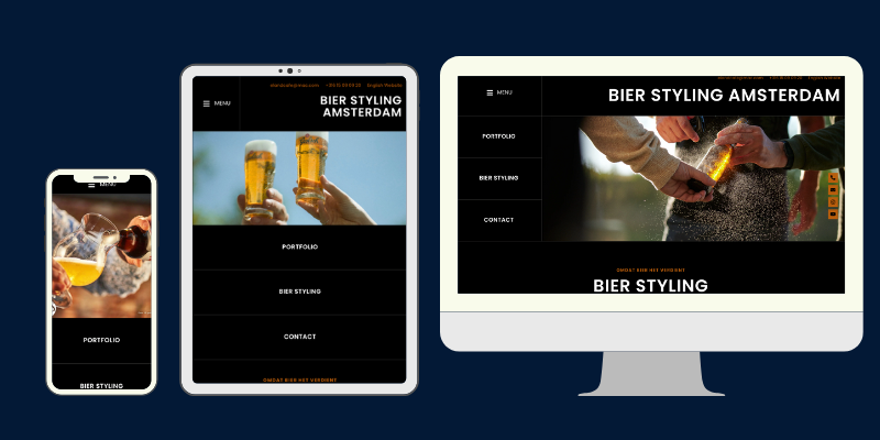 Screenshot van de website op een tablet, mobiel en desktop