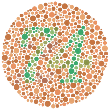 Ishihara-testplaat met gekleurde stippen waarin mensen met normaal kleurenzien het getal 74 zien en kleurenblinden het getal 21.