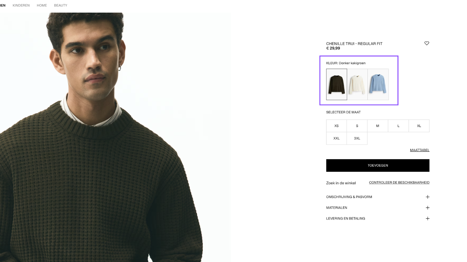 Productfoto van een groene trui in een webshop, met kleurkeuze en bestelopties ernaast.